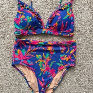 J Crew Factory high waisted bikini set - blue floral